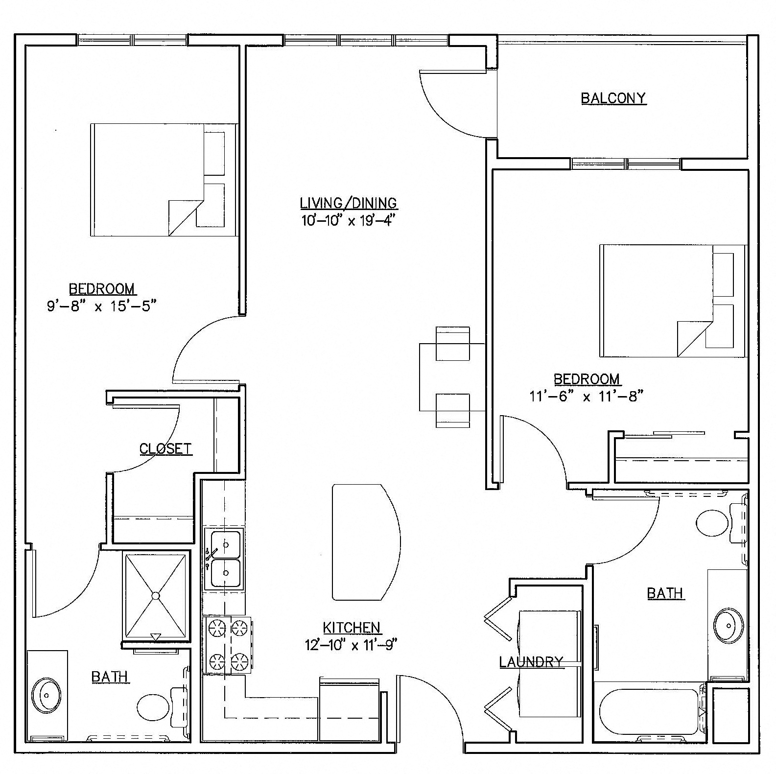 Floor plan for 2 beds, 2 baths, 992 sqft